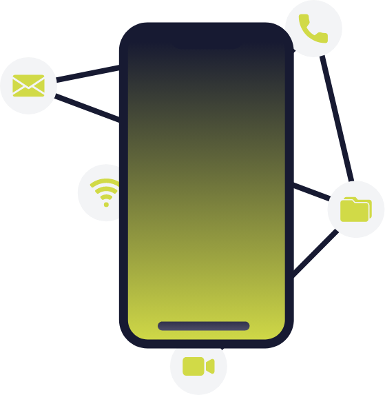 a green mobile with mobile features surrounding