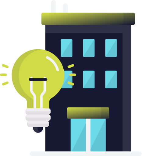 a green light bulb in front of a medium size navy building