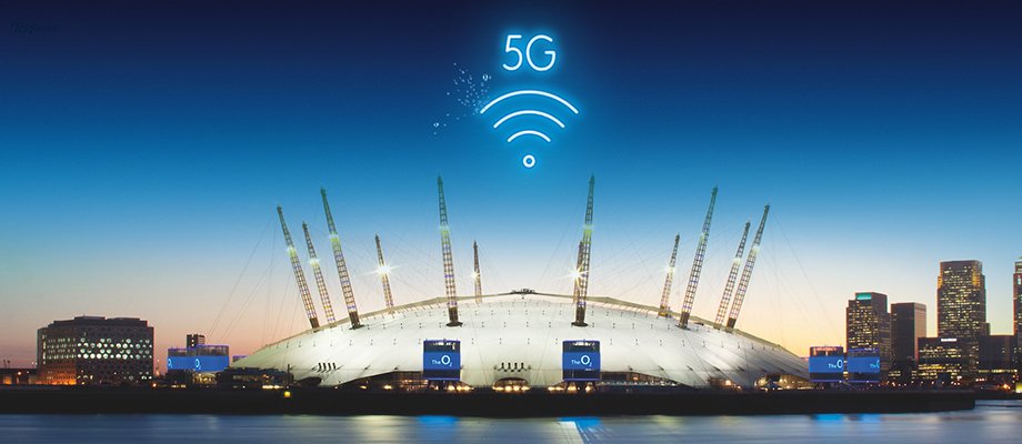 the o2 arena with a 5g sign above