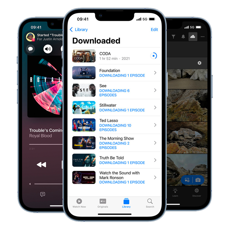 iphone mobiles displaying music and downloaded films