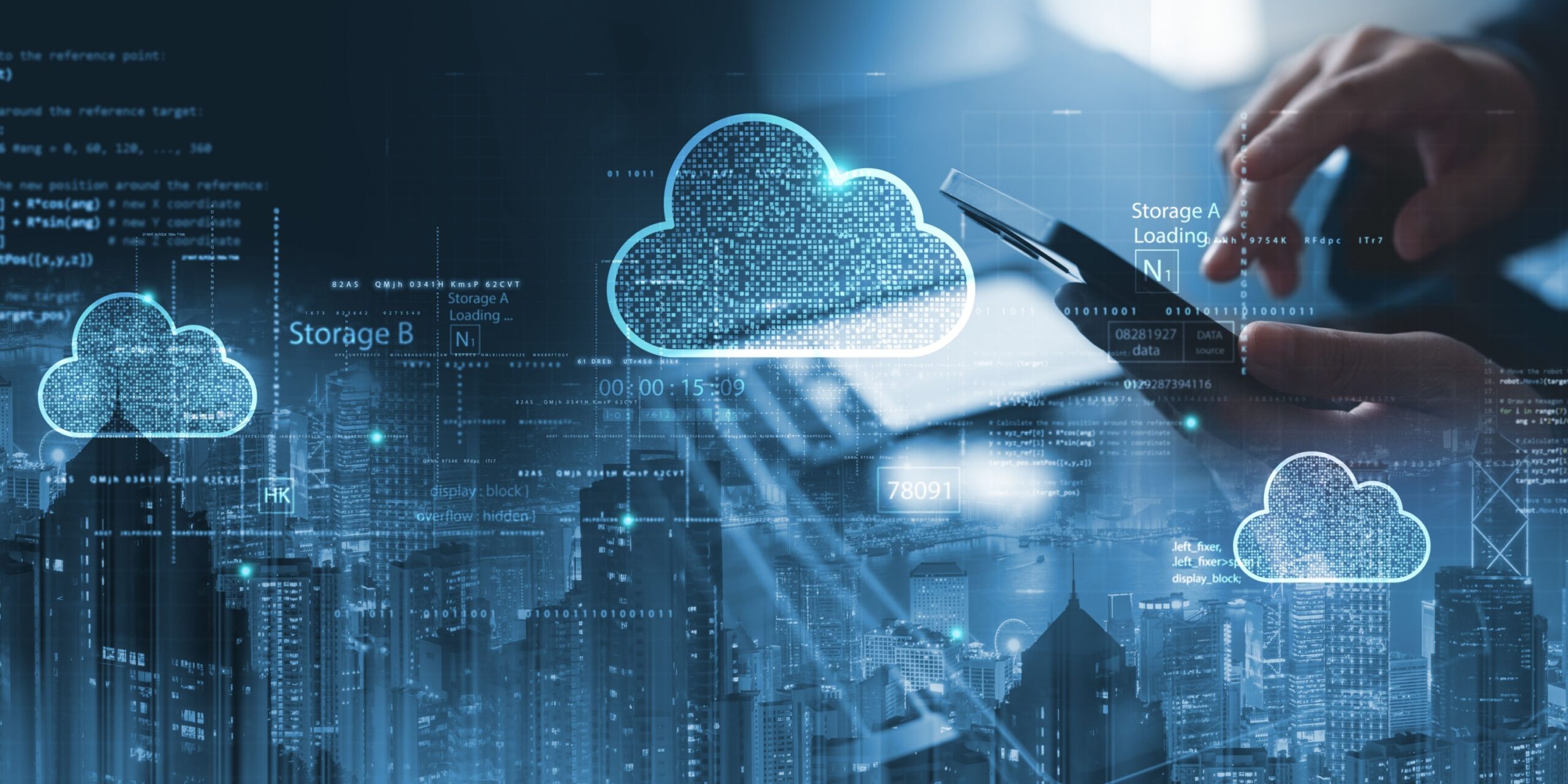 person using their mobile and computer with cloud solutions