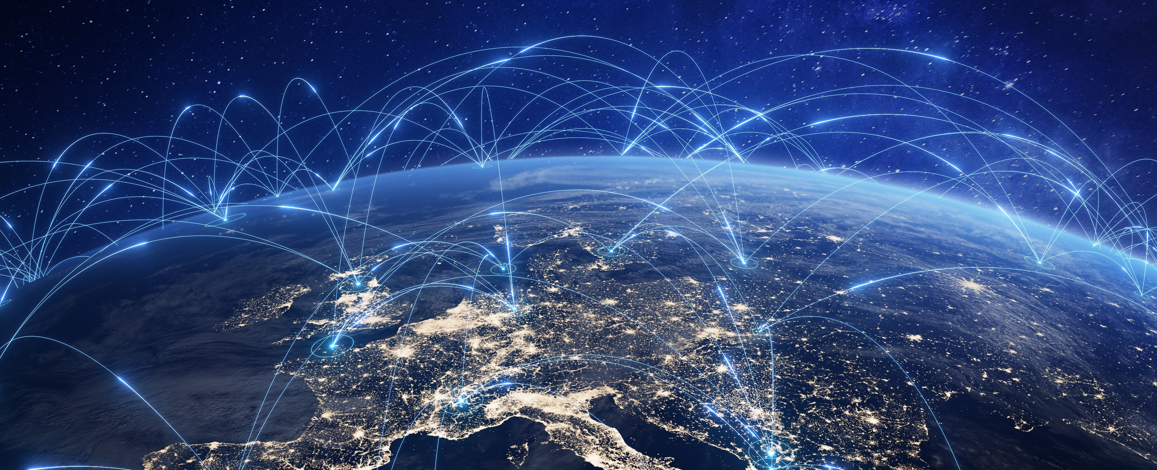 worldwide connectivity using blue lines across the globe