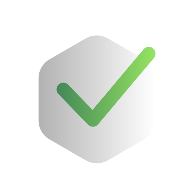 green tick within a grey hexagon