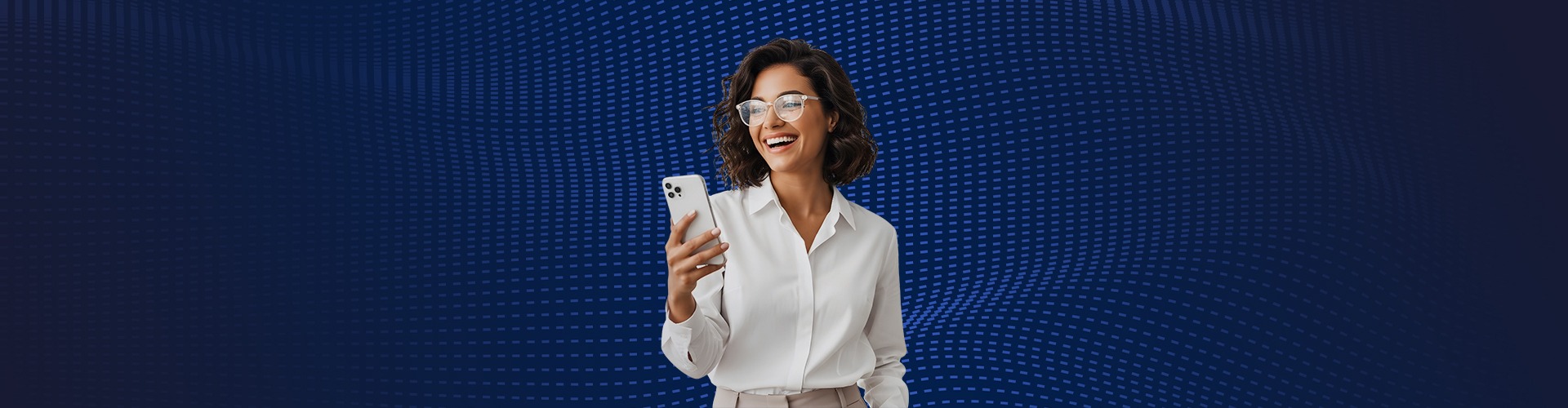 lady holding a mobile wearing a white shirt on a blue background